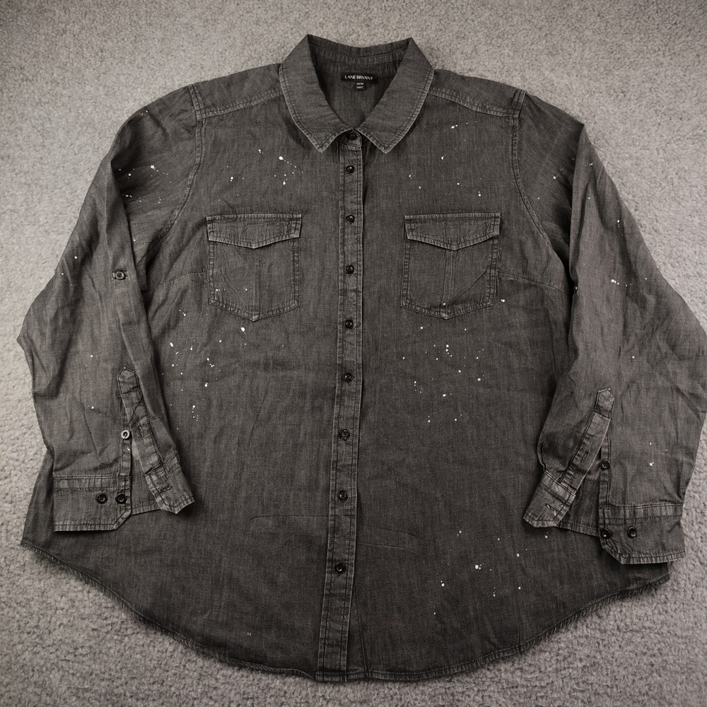 Lane Bryant Gray Paint Splatter Denim Button Up Shirt Plus Size 22/24 Cotton